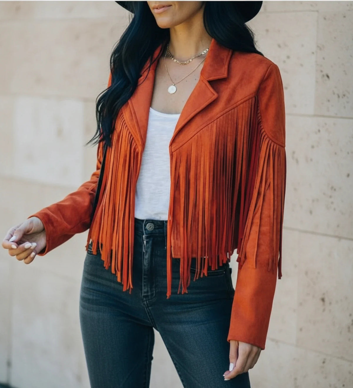 Women's cropped fringed moto jacket open-front notch lapel Western-inspired bold statement piece