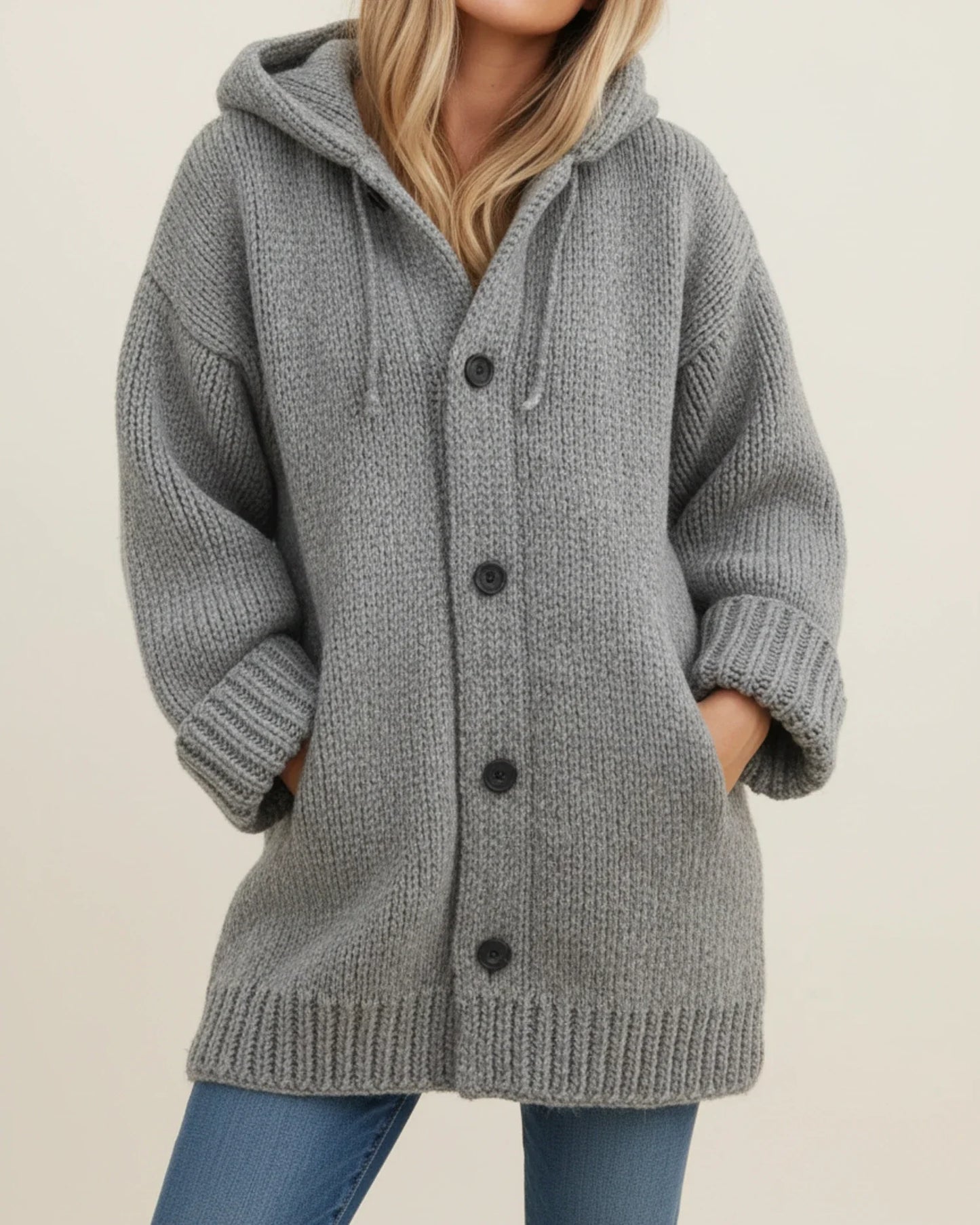 Women's oversized hooded knit cardigan jacket in cozy winter style with button-front closure