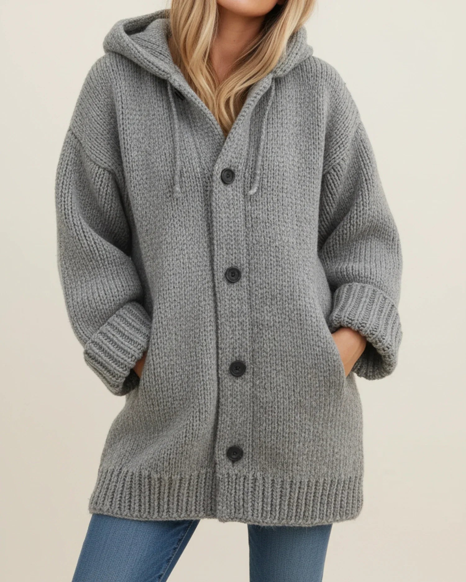 Women's oversized hooded knit cardigan jacket in cozy winter style with button-front closure