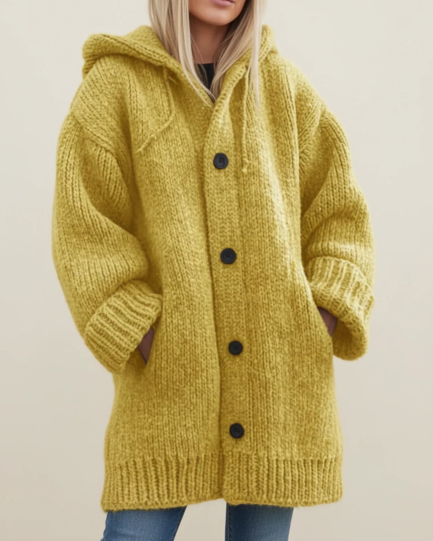 Women's oversized hooded knit cardigan jacket for winter layering with button-front closure