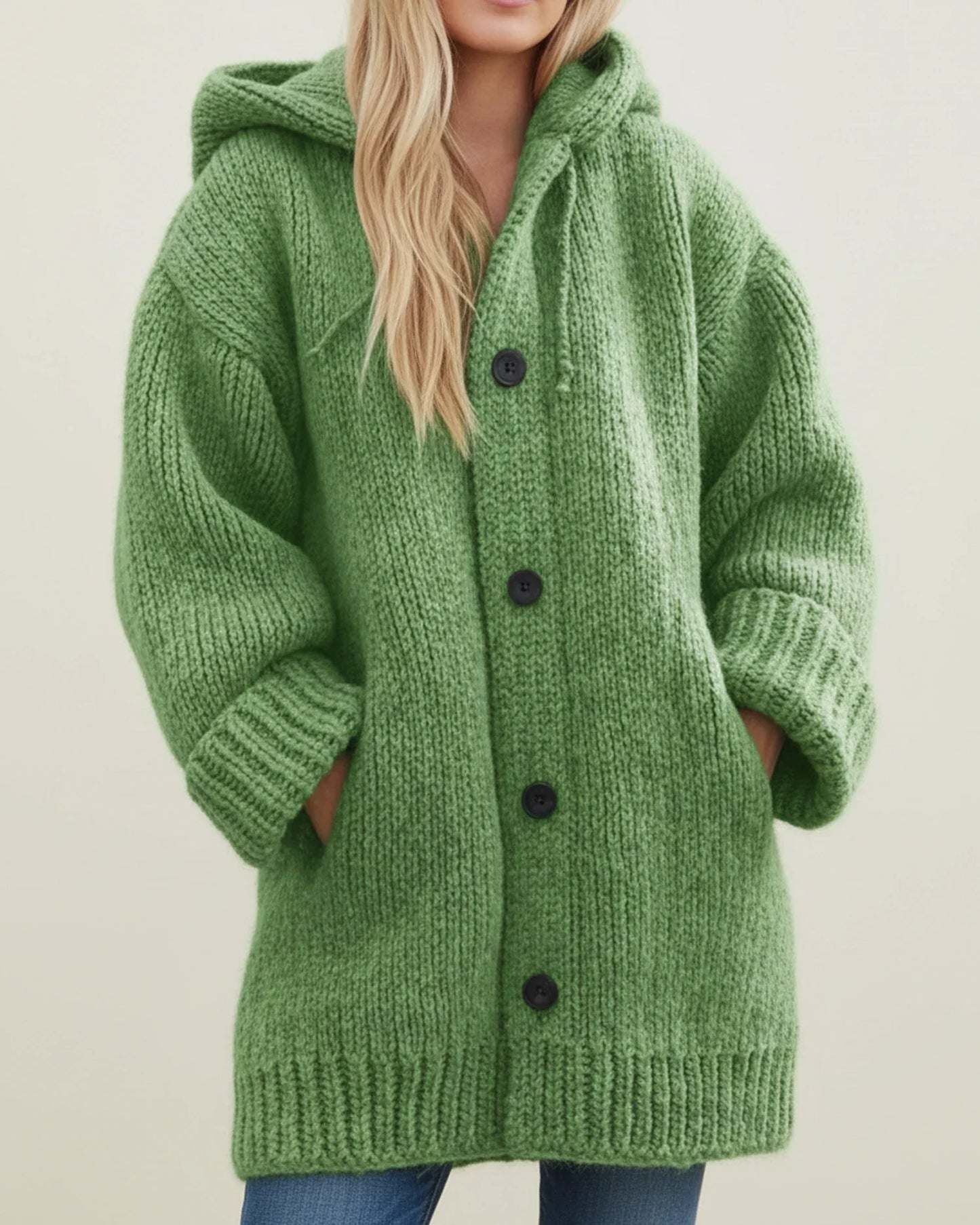 Women's oversized hooded knit cardigan jacket in cozy winter style with button-front closure