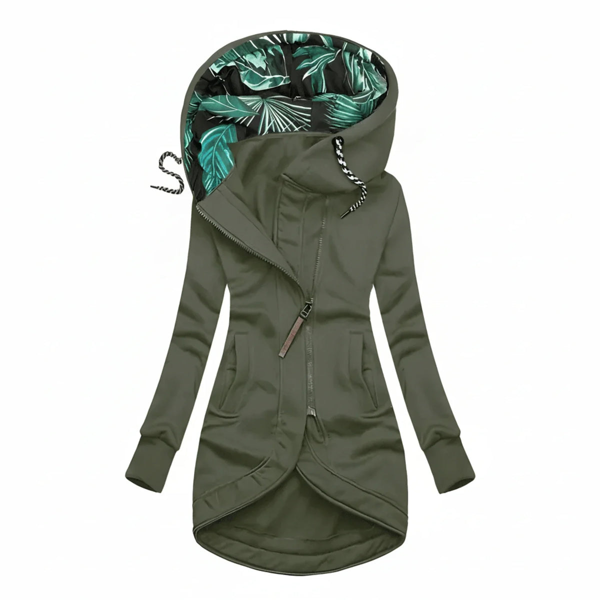 Women's hooded tunic-length winter jacket cozy A-line silhouette with drawstring funnel neck