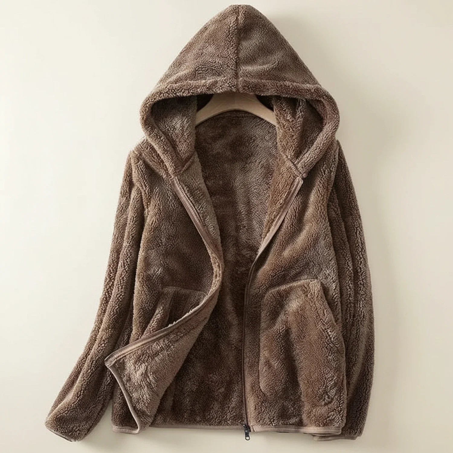 Women's heather gray hooded fleece zip-up jacket relaxed fit with front patch pockets