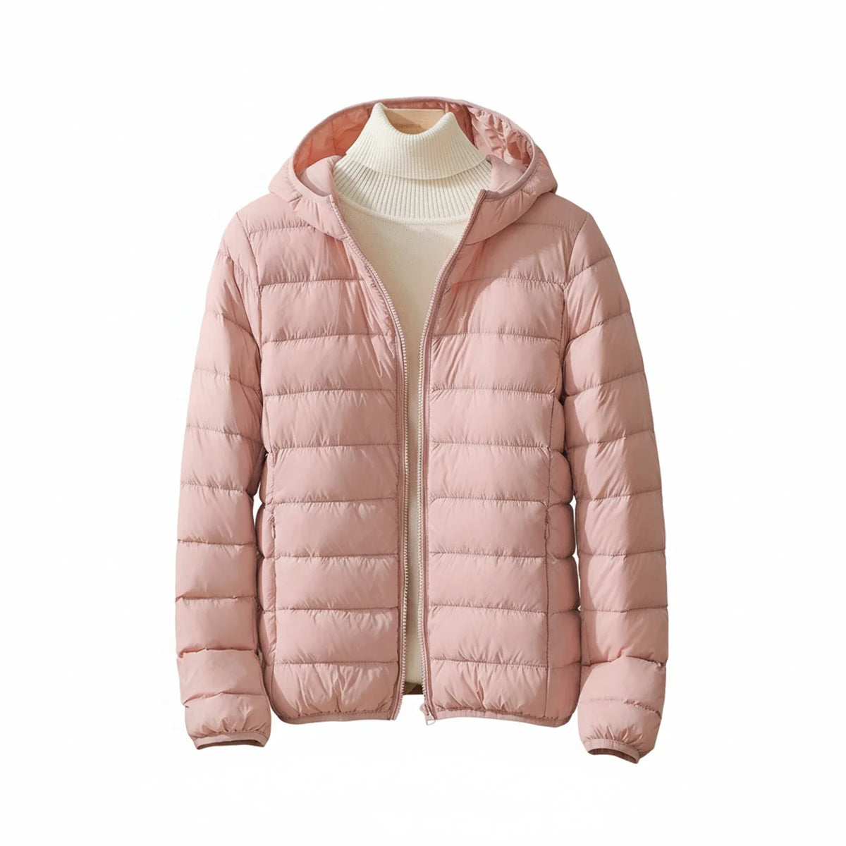 Women's lightweight quilted puffer jacket with hood and zip front, versatile layering piece