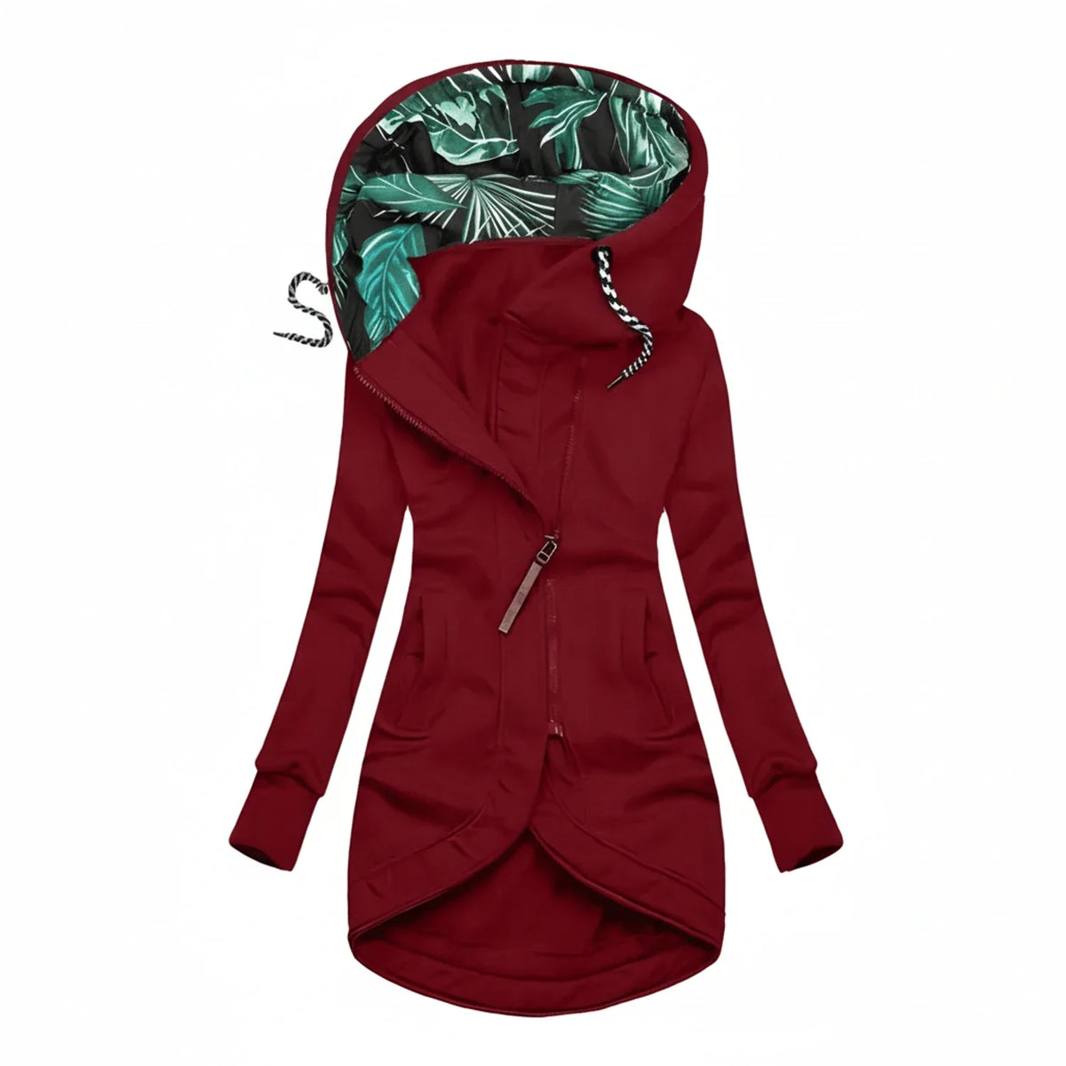 Women's hooded tunic-length winter jacket cozy A-line silhouette with drawstring funnel neck