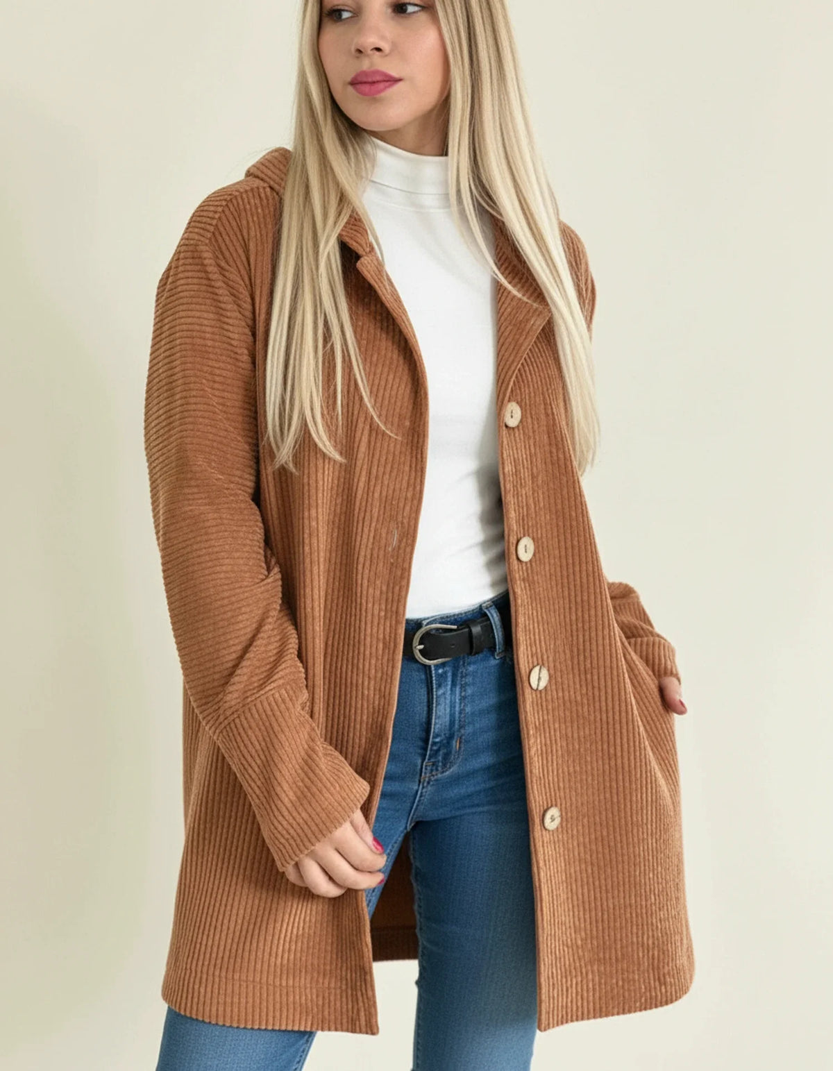 Women's oversized corduroy hooded longline coat with durable button closure in casual style