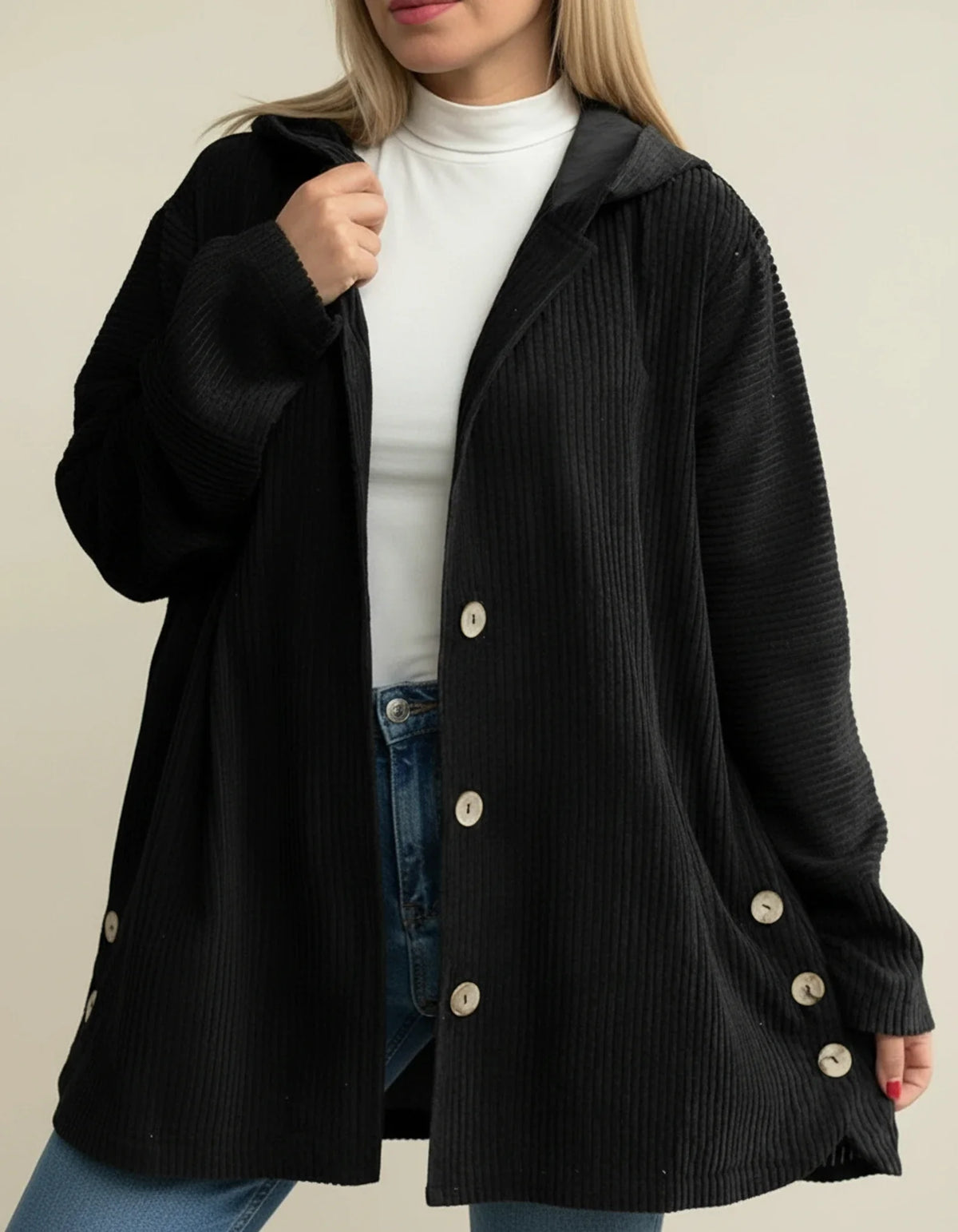 Women's oversized corduroy hooded longline coat with durable button closure in casual style