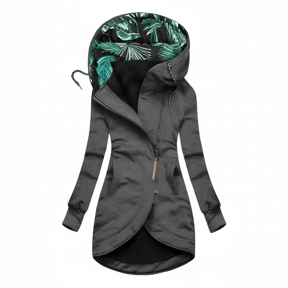 Women's hooded tunic-length winter jacket cozy A-line silhouette with drawstring hood