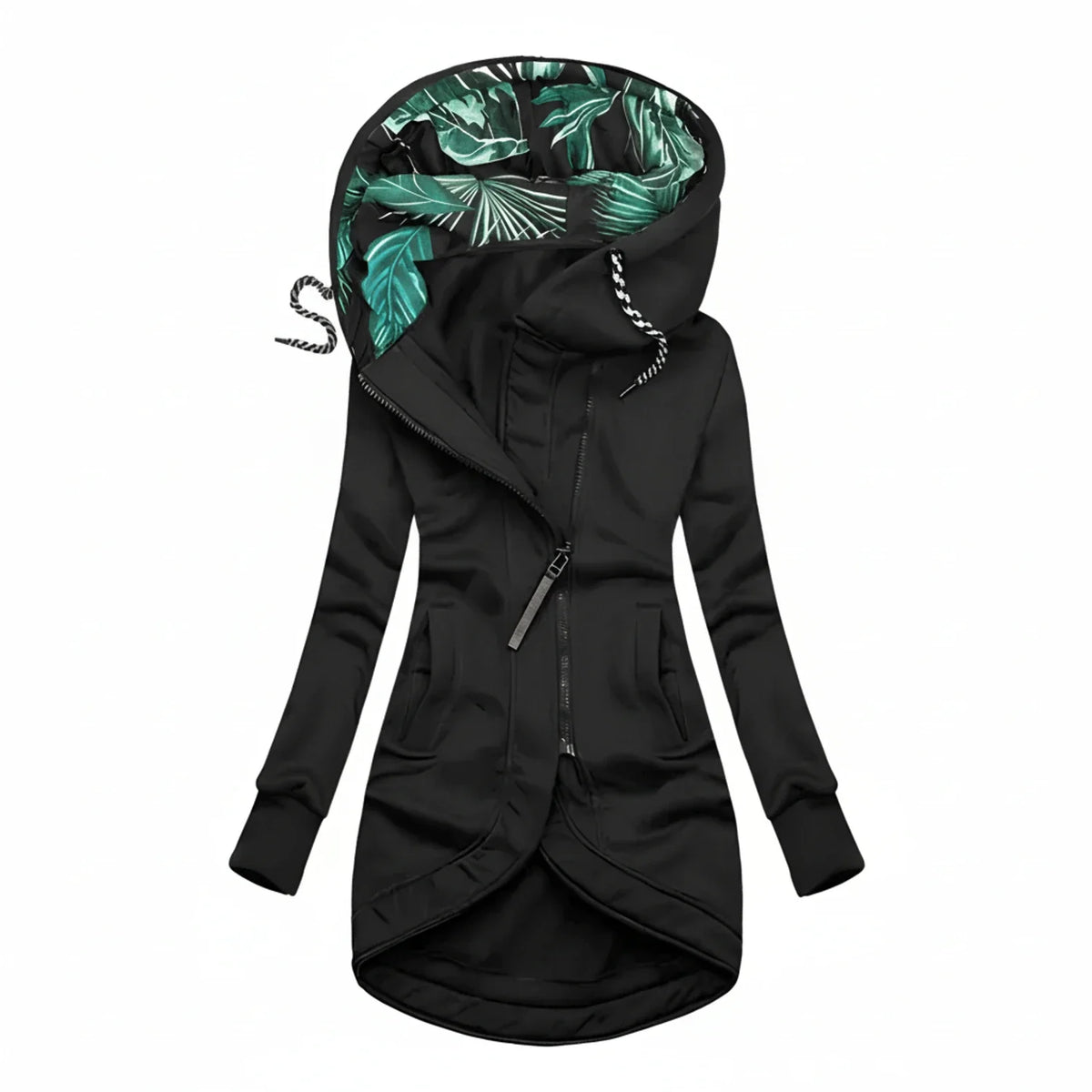 Women's hooded tunic-length winter jacket in cozy A-line silhouette with drawstring funnel neck