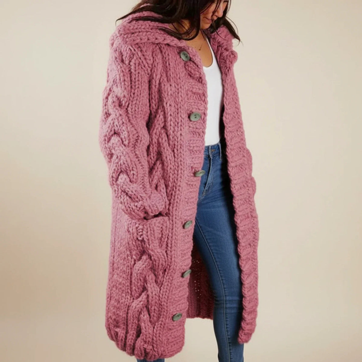 Women's cream cable knit hooded cardigan long silhouette with button-front closure for cozy layering