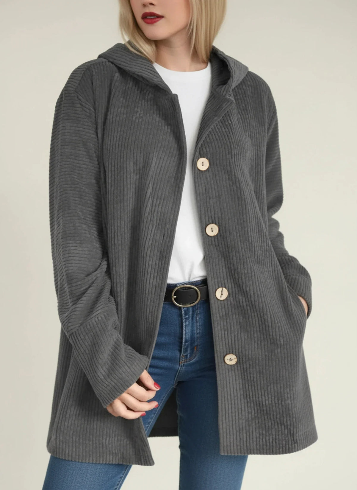 Women's oversized corduroy hooded longline coat with durable button closure in casual relaxed fit
