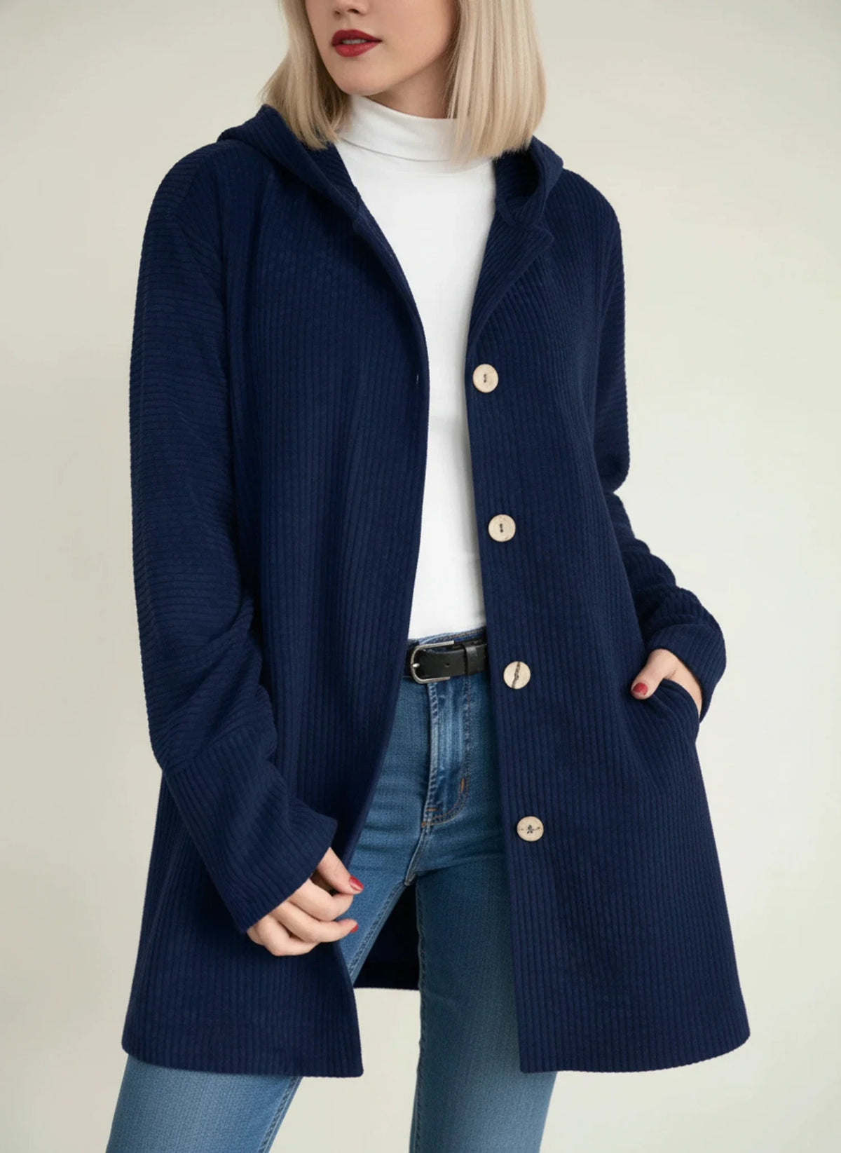 Women's oversized corduroy longline hooded coat with durable button closure, mid-length casual style