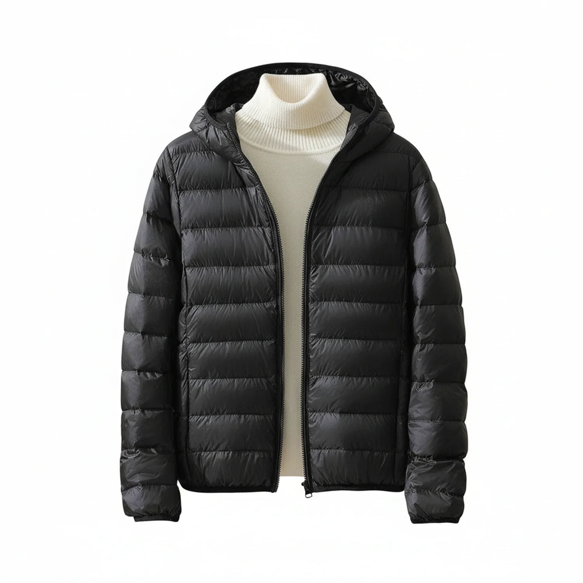 Women's lightweight quilted puffer jacket with hood and zip front for everyday layering