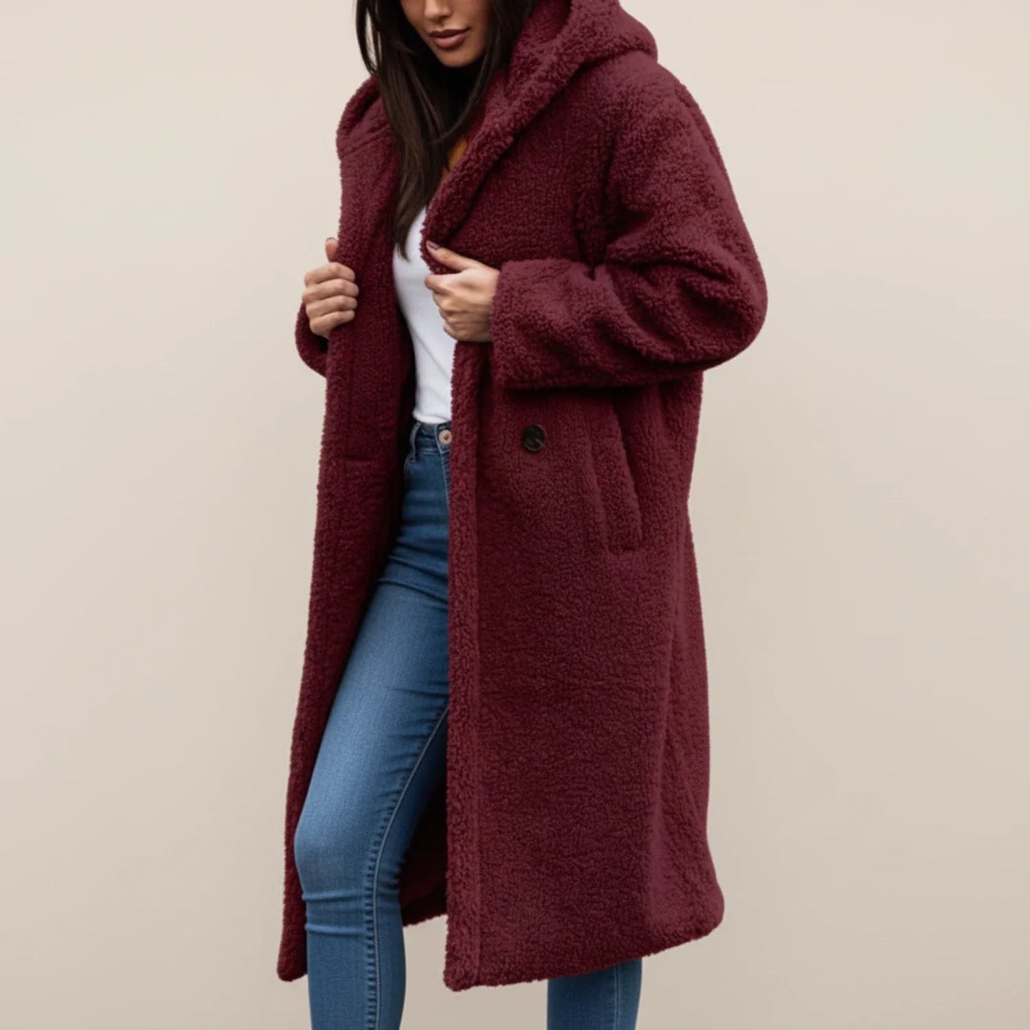 Women's long hooded teddy coat in cozy plush fabric, oversized silhouette for winter warmth