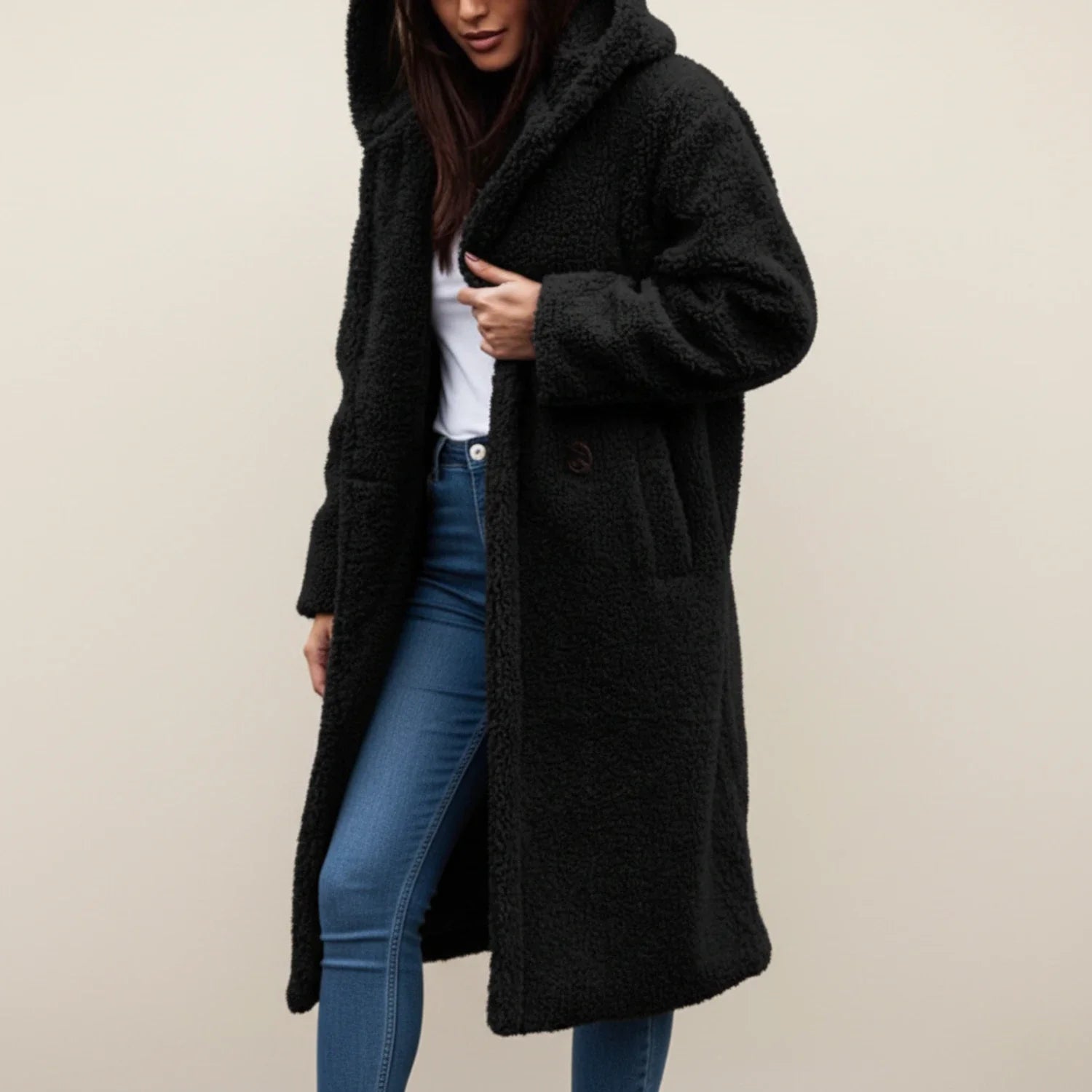 Women's long hooded teddy coat in cozy plush fabric, oversized silhouette for warm winter layering
