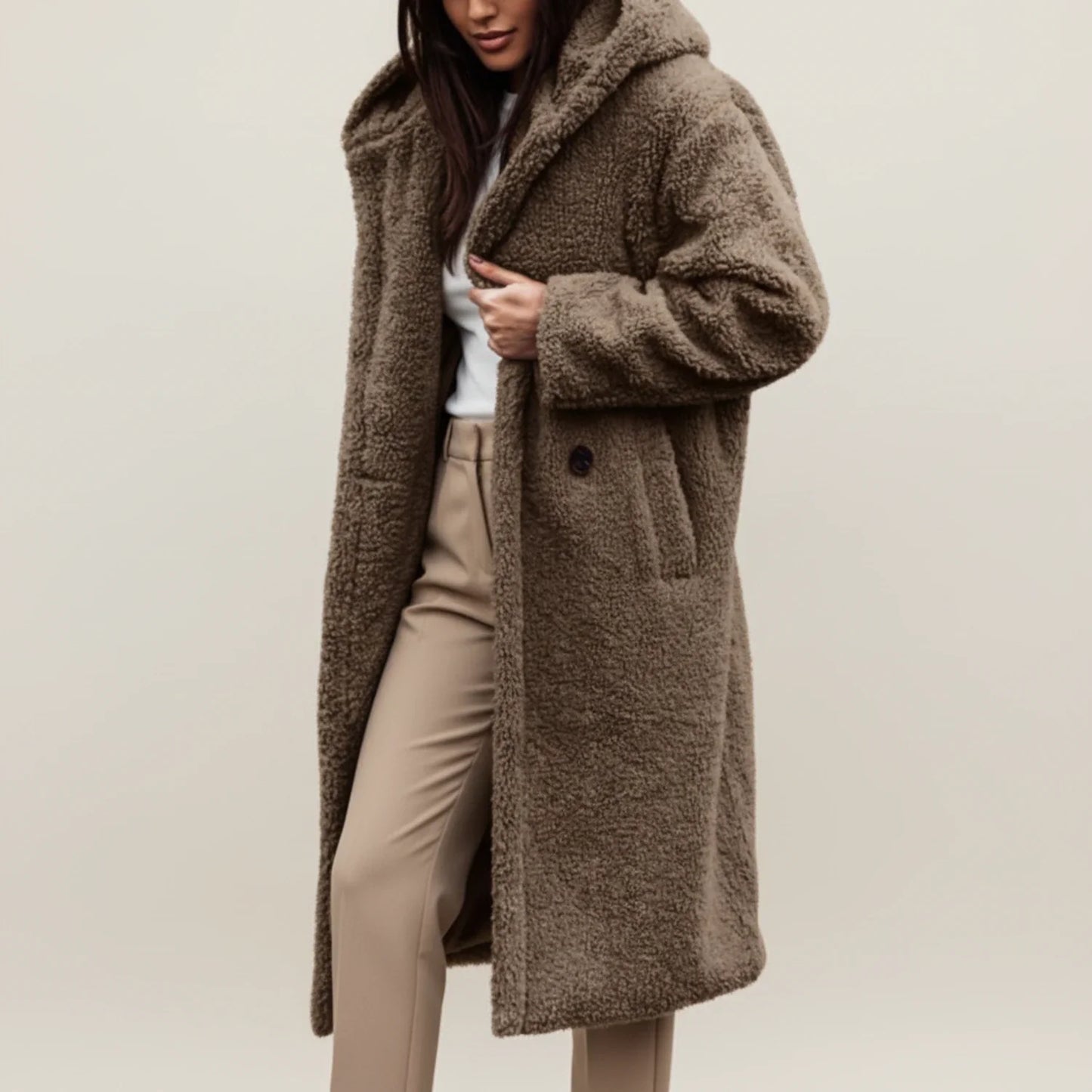 Women's long hooded teddy coat in cozy plush fabric, oversized silhouette for winter warmth