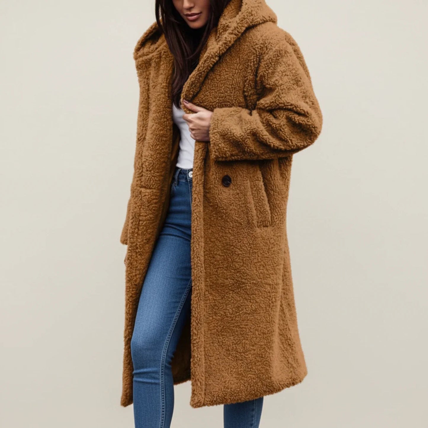 Women's long hooded teddy coat in cozy plush fabric, oversized silhouette for warm winter layering