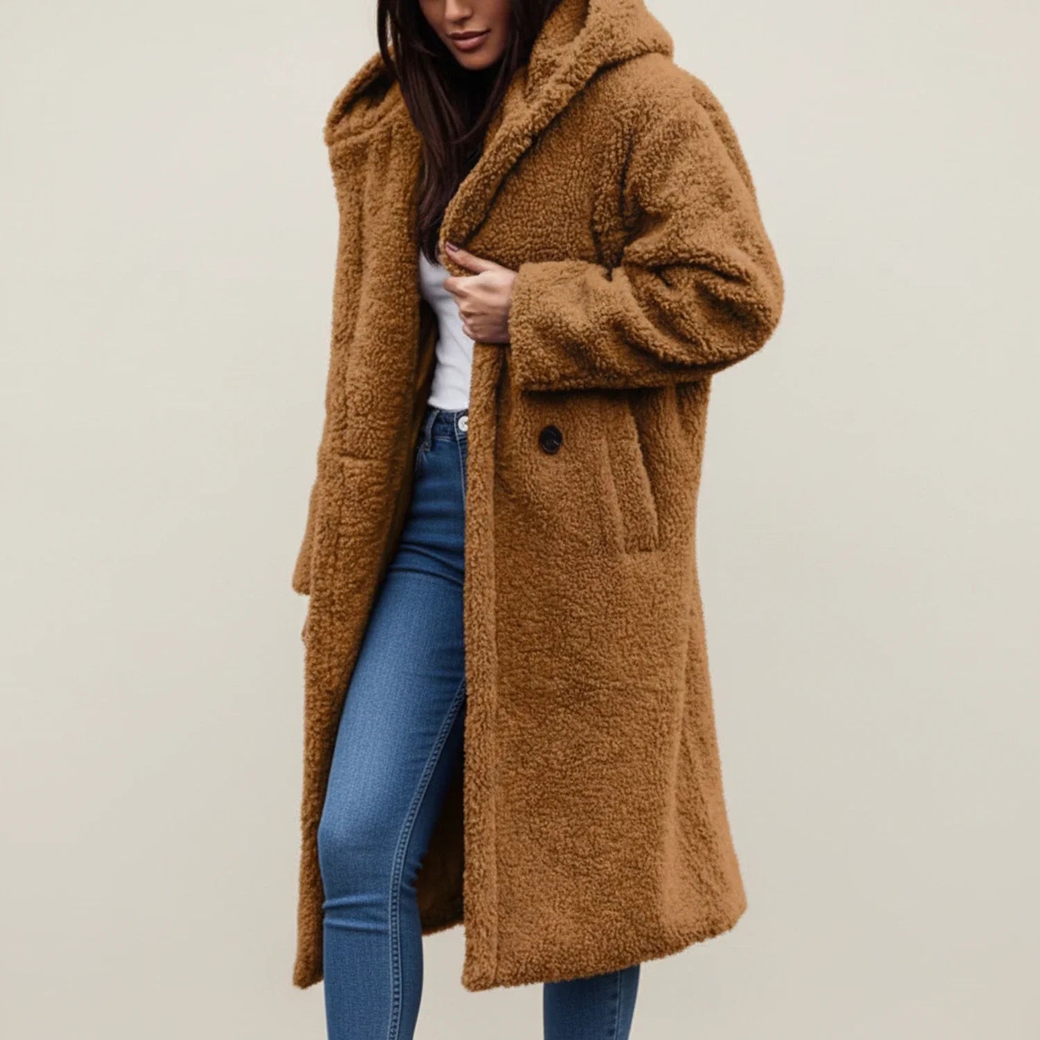 Women's long hooded teddy coat in cozy plush fabric, oversized silhouette for warm winter layering