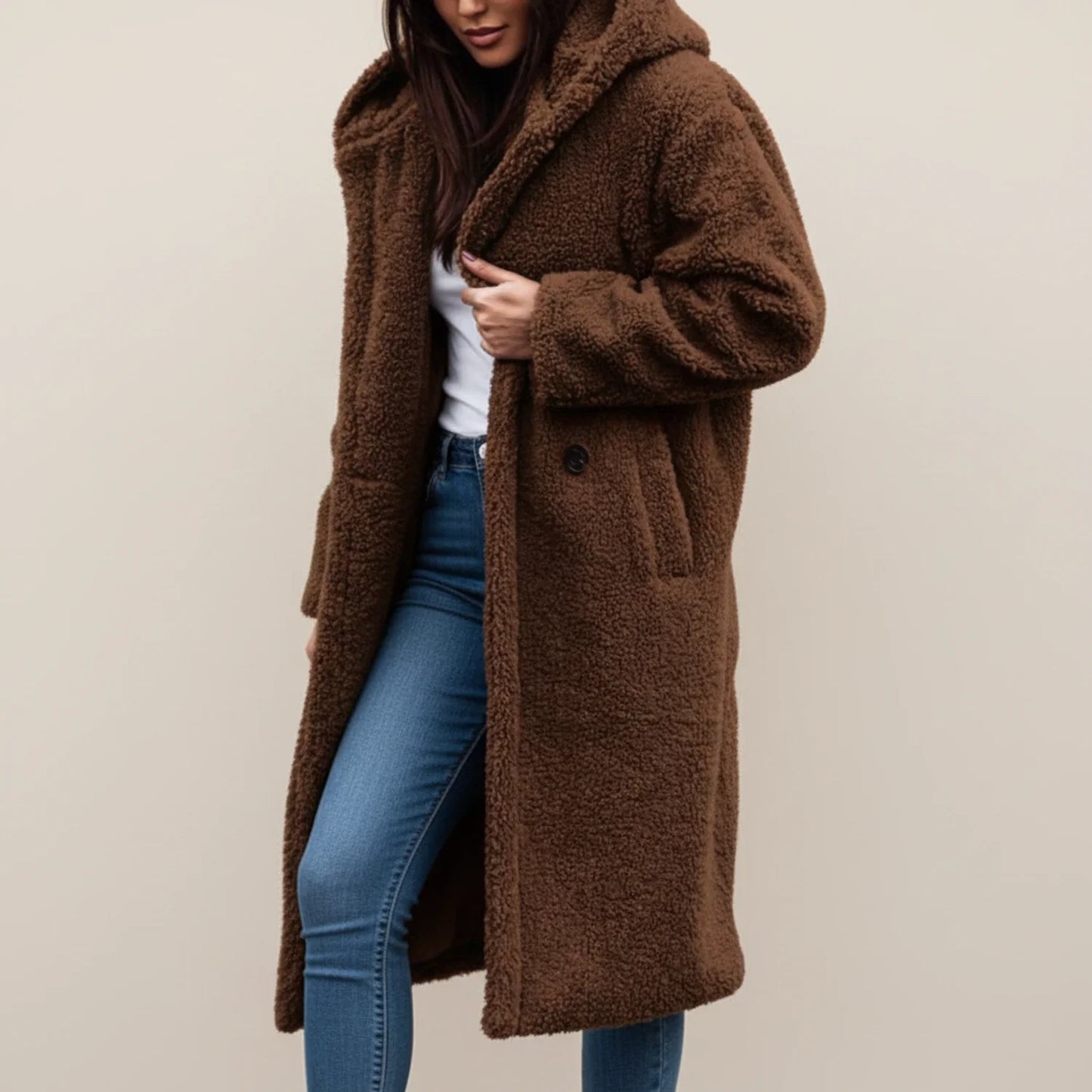 Women's long hooded teddy coat in cozy plush fabric, oversized silhouette for warm winter layering