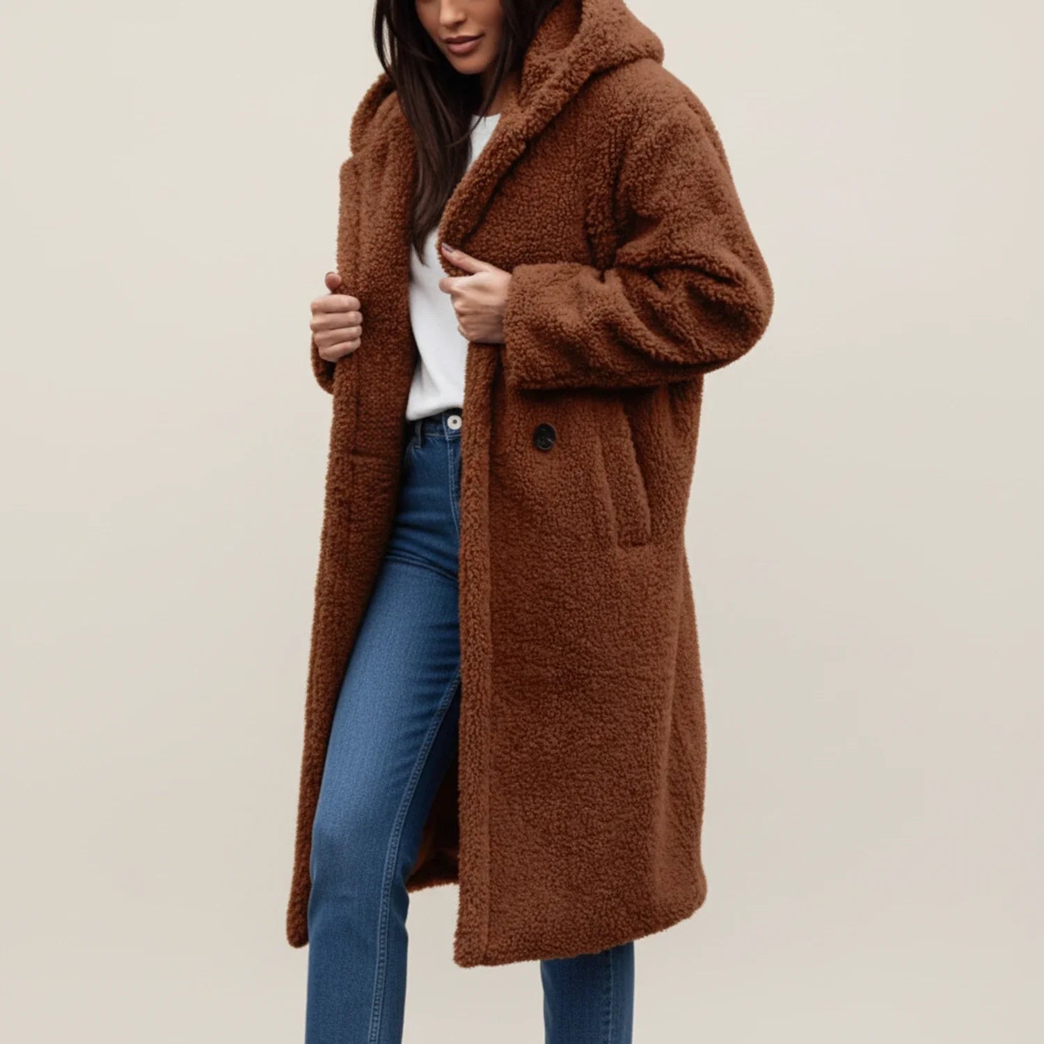 Women's long hooded teddy coat in cozy plush fabric, oversized silhouette for winter warmth