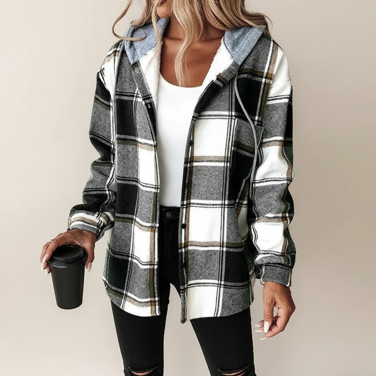Women's plaid hooded shirt jacket relaxed fit button-down casual winter layering comfort