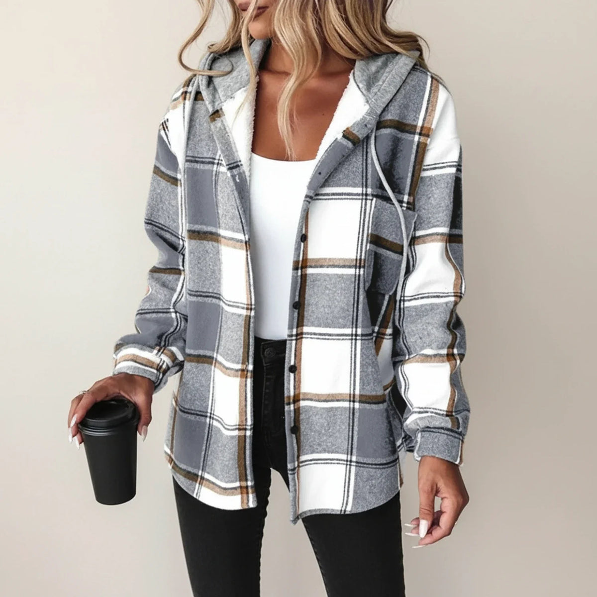 Women's plaid hooded shirt jacket relaxed fit button-down for casual winter layering