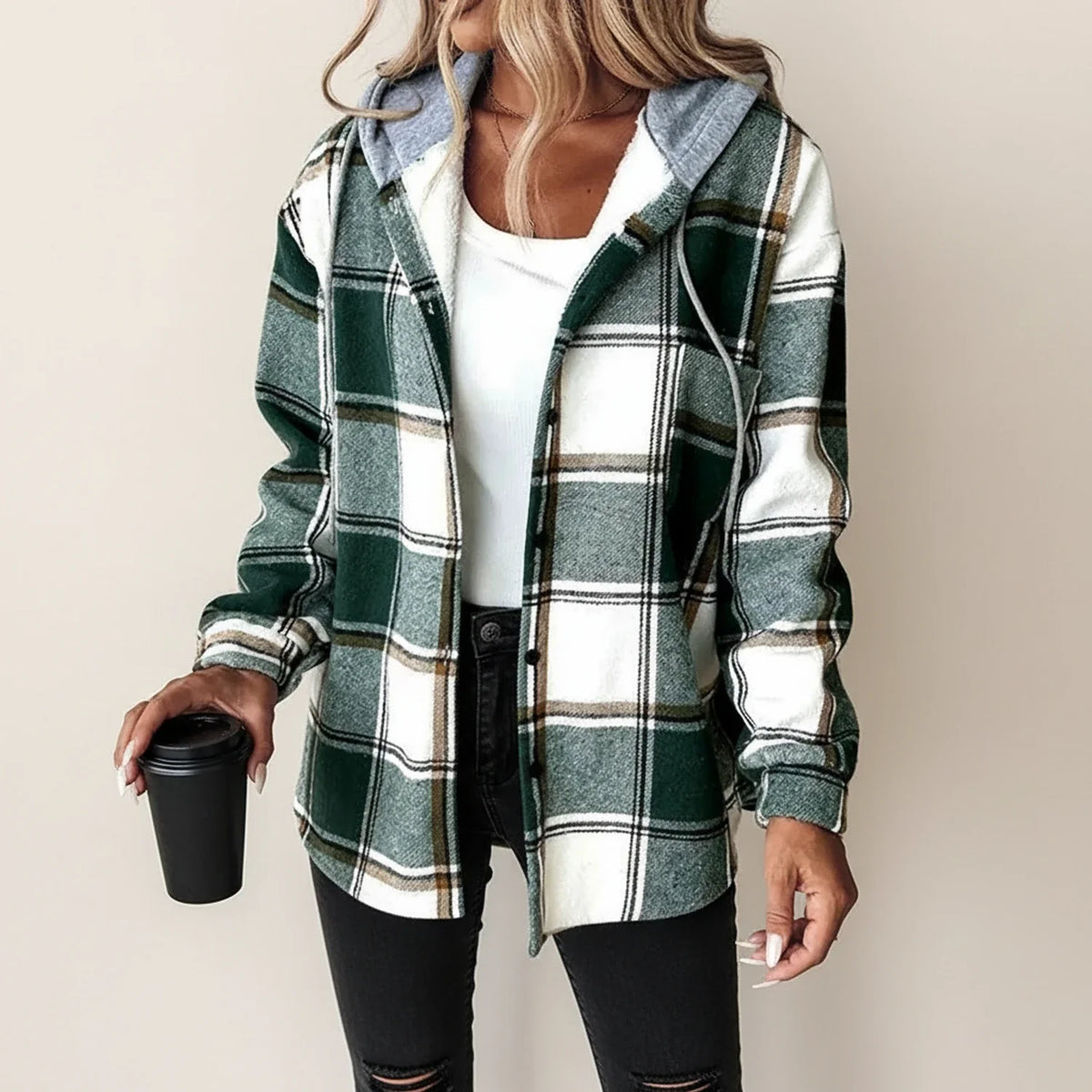 Women's plaid hooded shirt jacket relaxed fit button-down casual layering winter warmth