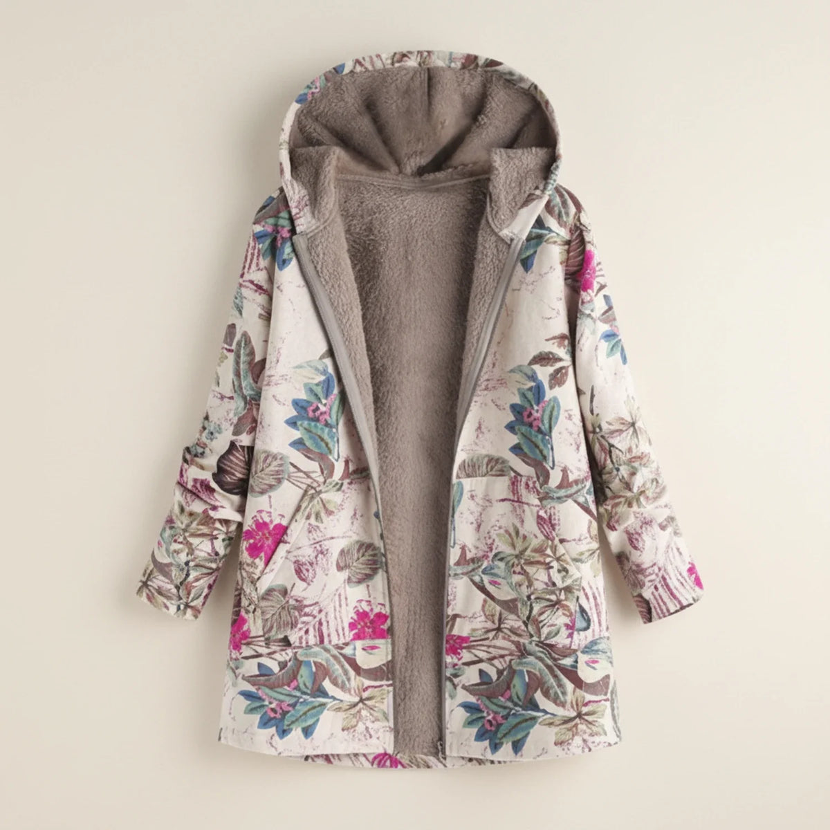 Women's floral printed hooded jacket relaxed fit open front fleece-lined long sleeve layering piece