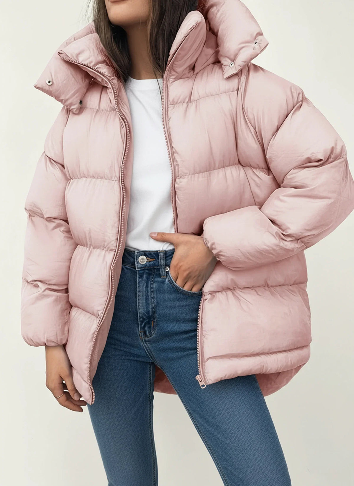 Women's oversized quilted puffer jacket with high collar hood, warm insulated hip-length coat