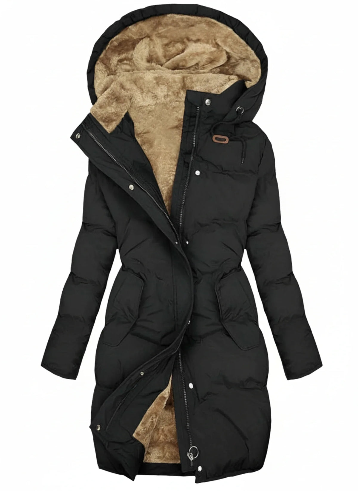 Women's long hooded puffer jacket with quilted design, drawstring waist, and plush lining for winter