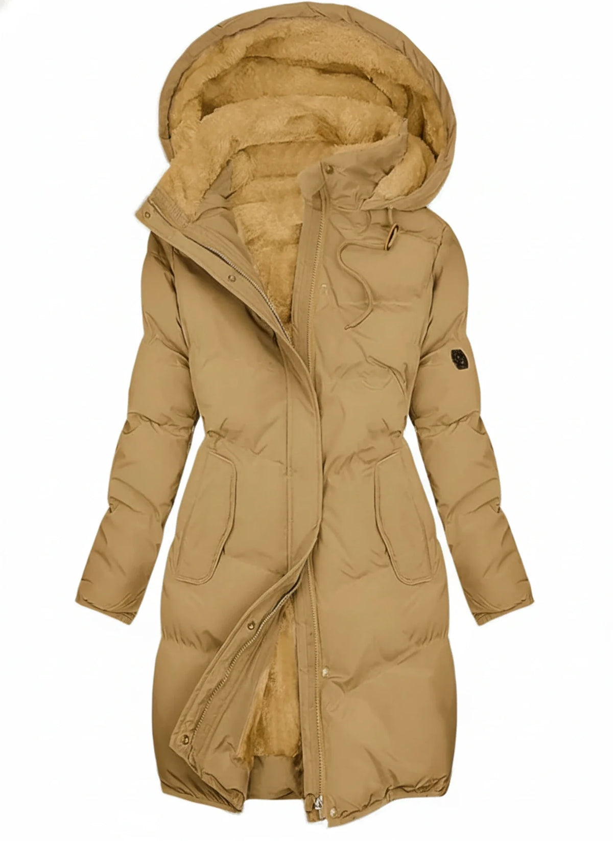 Women's long hooded puffer jacket with quilted details, drawstring waist, and plush lining for winter
