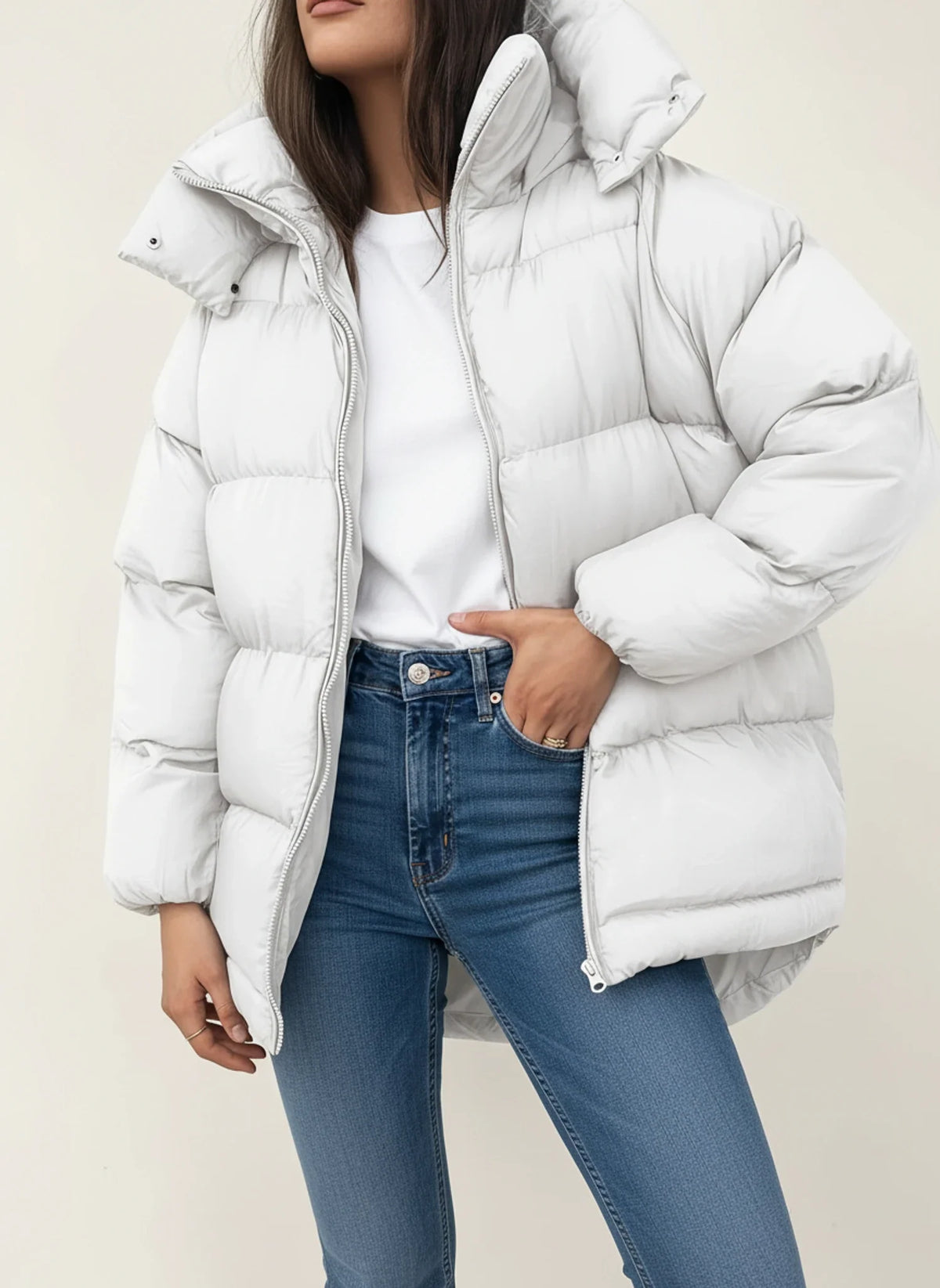 Women's oversized puffer jacket warm insulated hooded coat with high collar quilted design