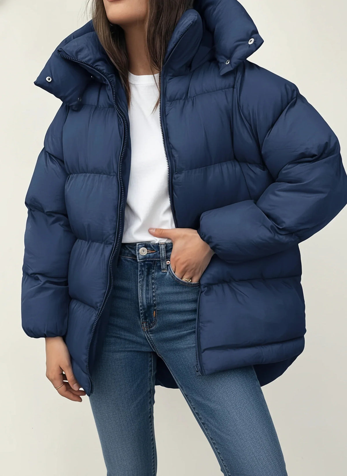 Women's oversized quilted puffer jacket with high collar hood, warm insulated hip-length coat