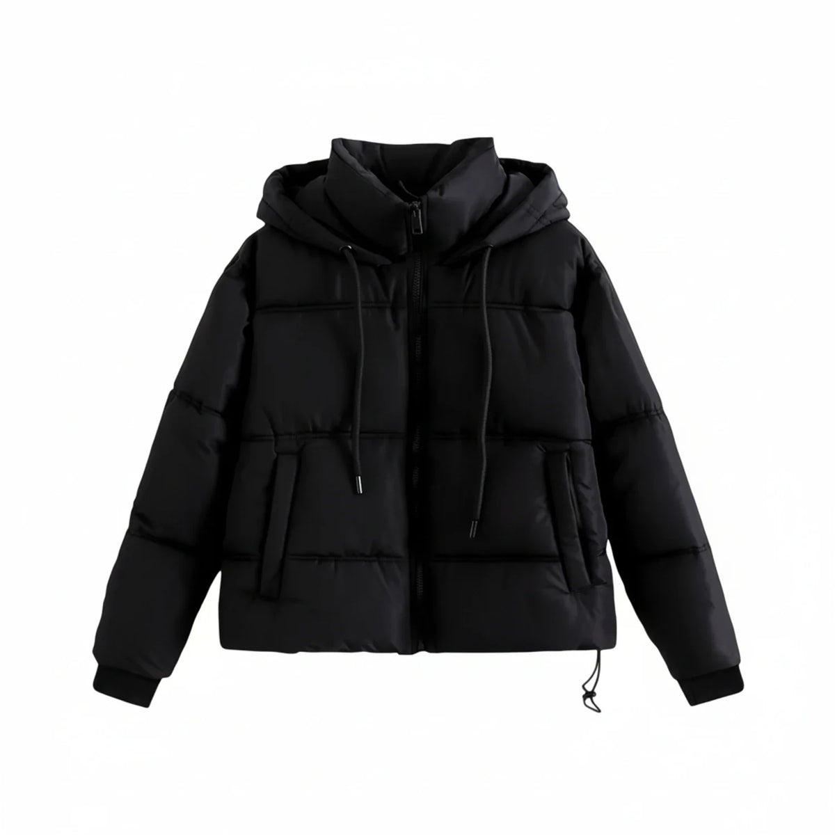Women's quilted boxy-fit puffer jacket with high collar drawstring hood, warm insulated winter outerwear