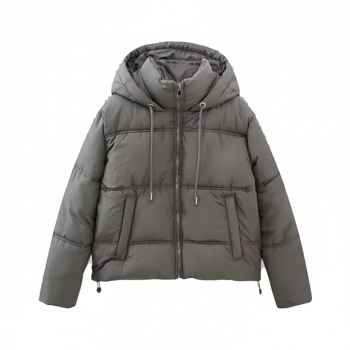 Women's quilted boxy fit puffer jacket with high collar drawstring hood, warm insulated winter outerwear