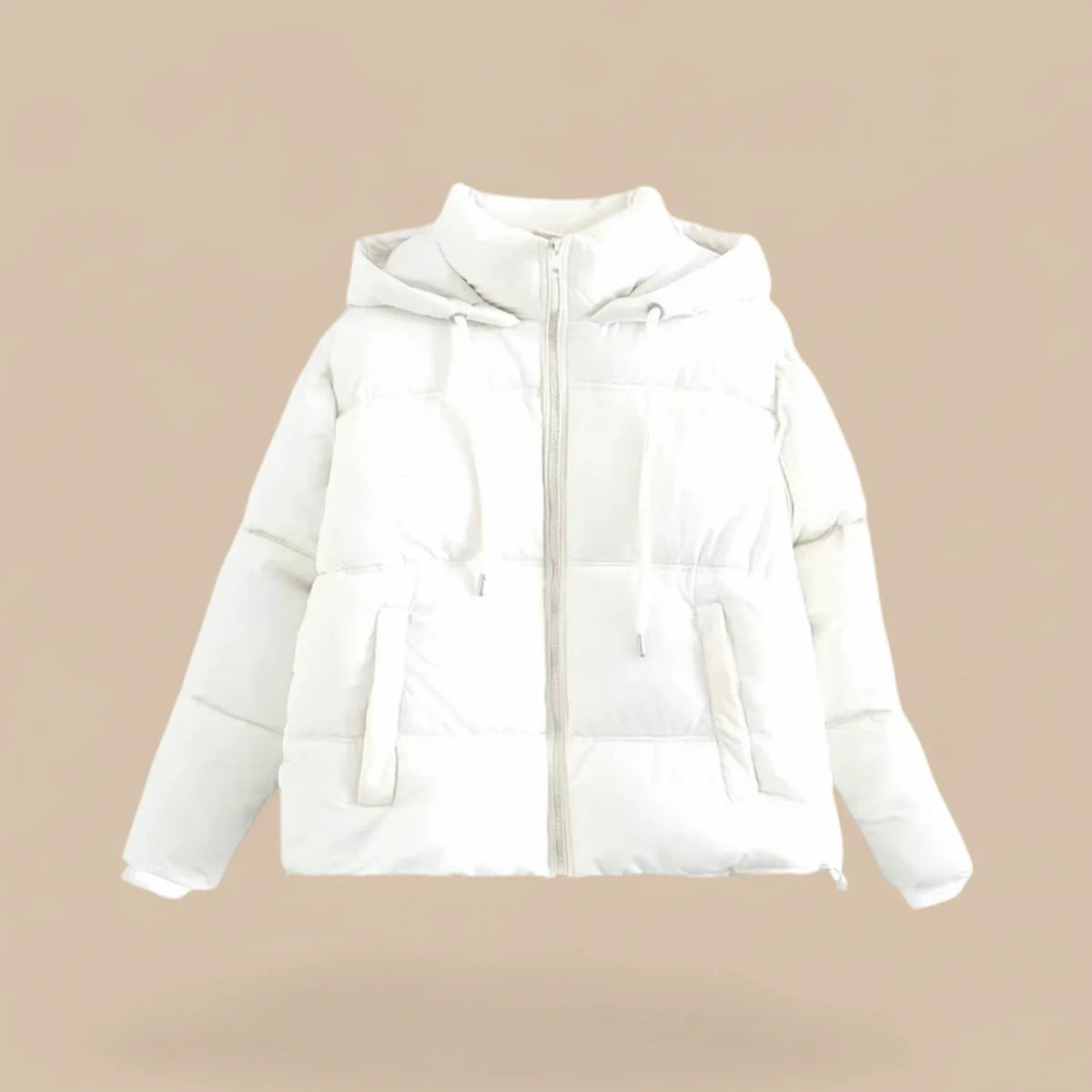 Women's quilted boxy puffer jacket with high collar drawstring hood, warm insulated winter outerwear