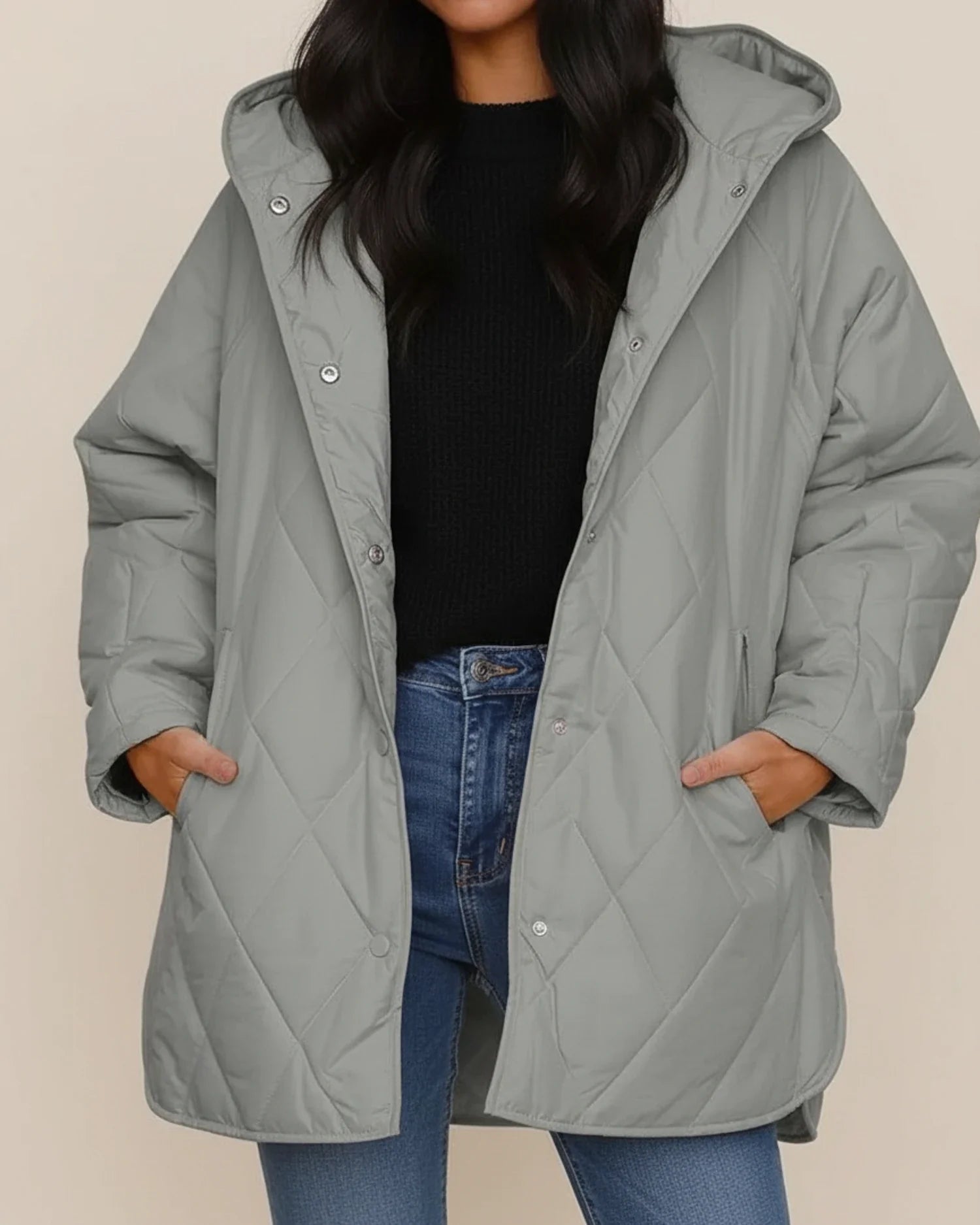 Women's oversized quilted longline hooded winter jacket with patch pockets for everyday warmth