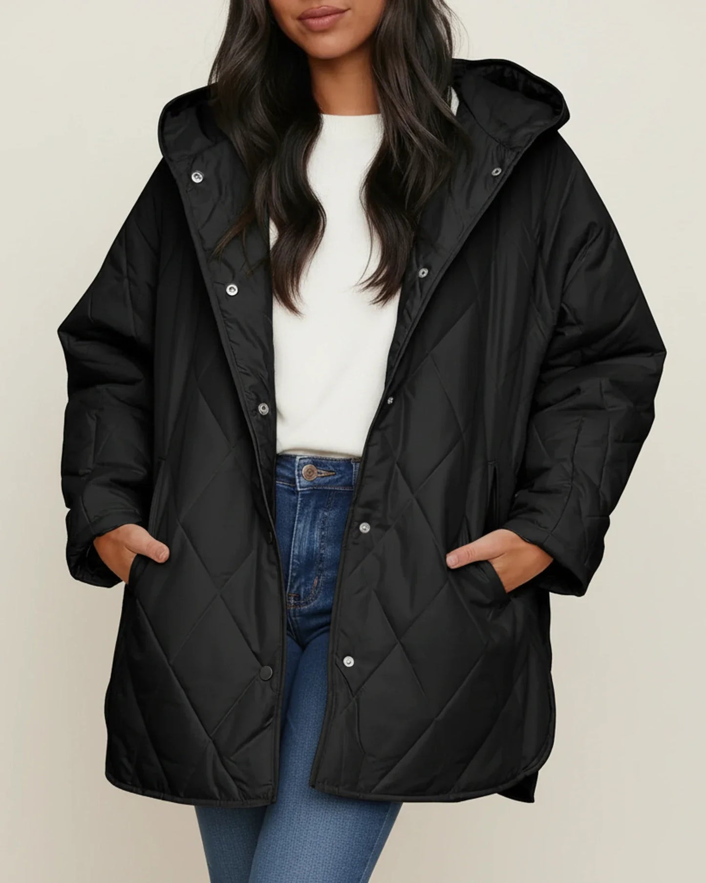 Women's oversized quilted longline hooded winter jacket with patch pockets for everyday warmth