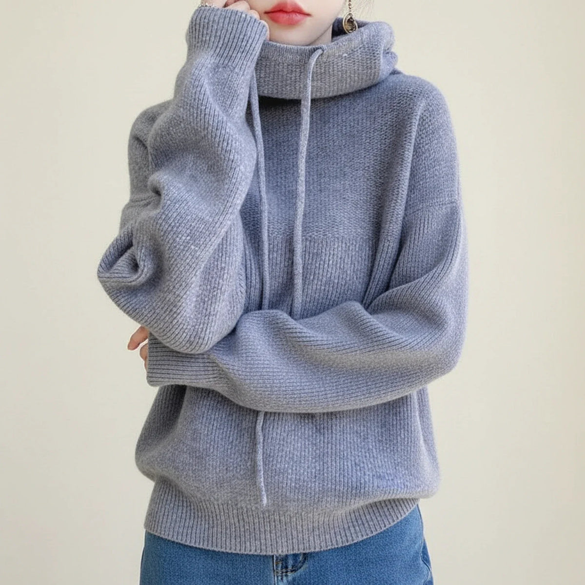 Women's oversized hooded cowl neck sweater with drawstring, cozy warm knit winter pullover