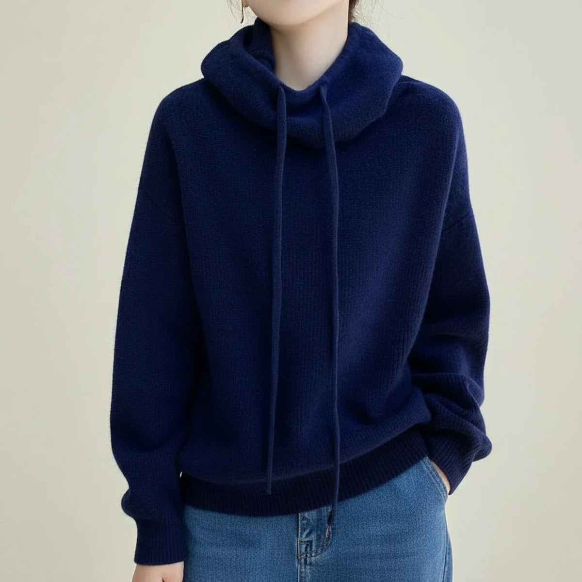 Women's oversized hooded cowl neck sweater with drawstring, cozy warm knit style for winter