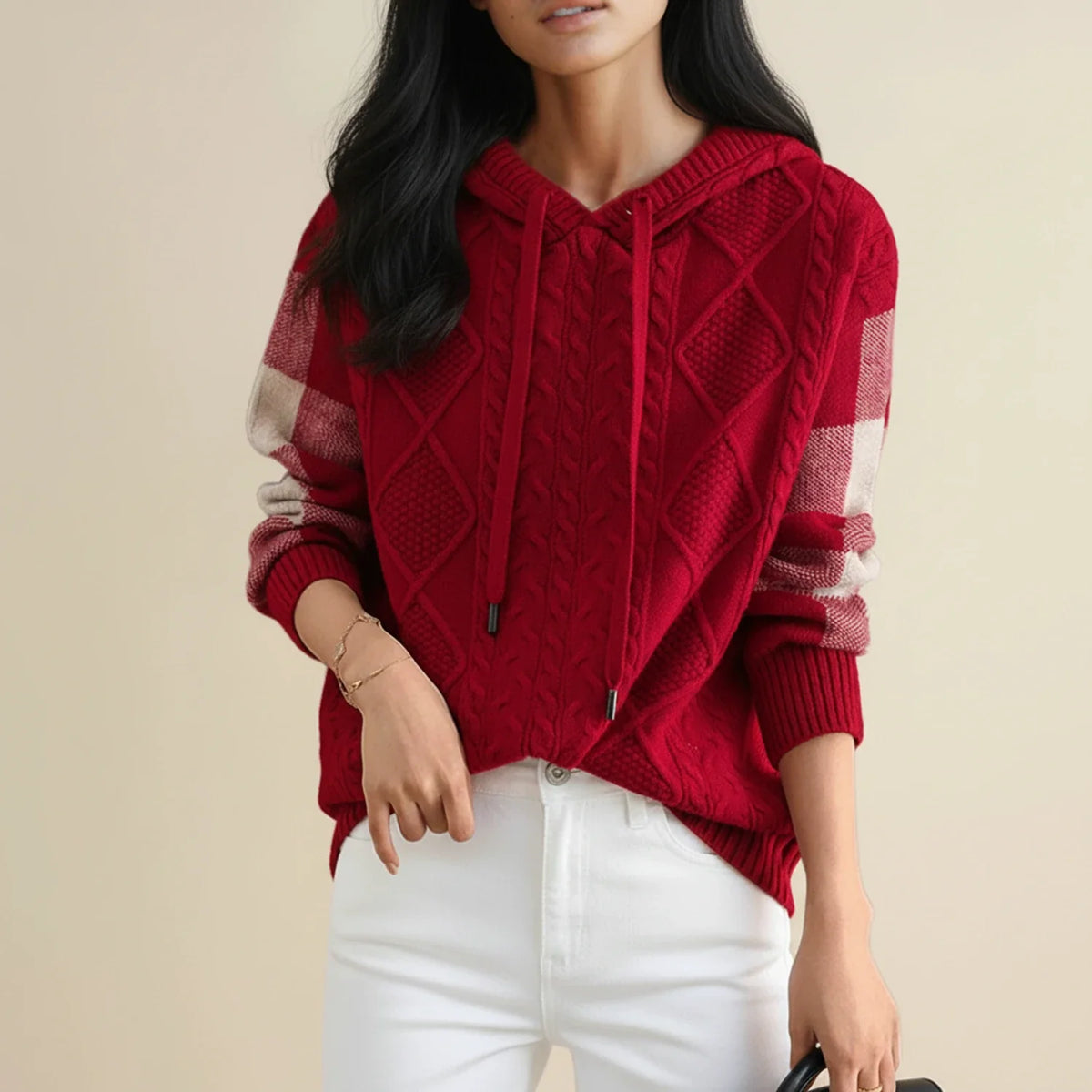 Women's cozy cable knit hoodie sweater with drawstring hood and color block sleeves