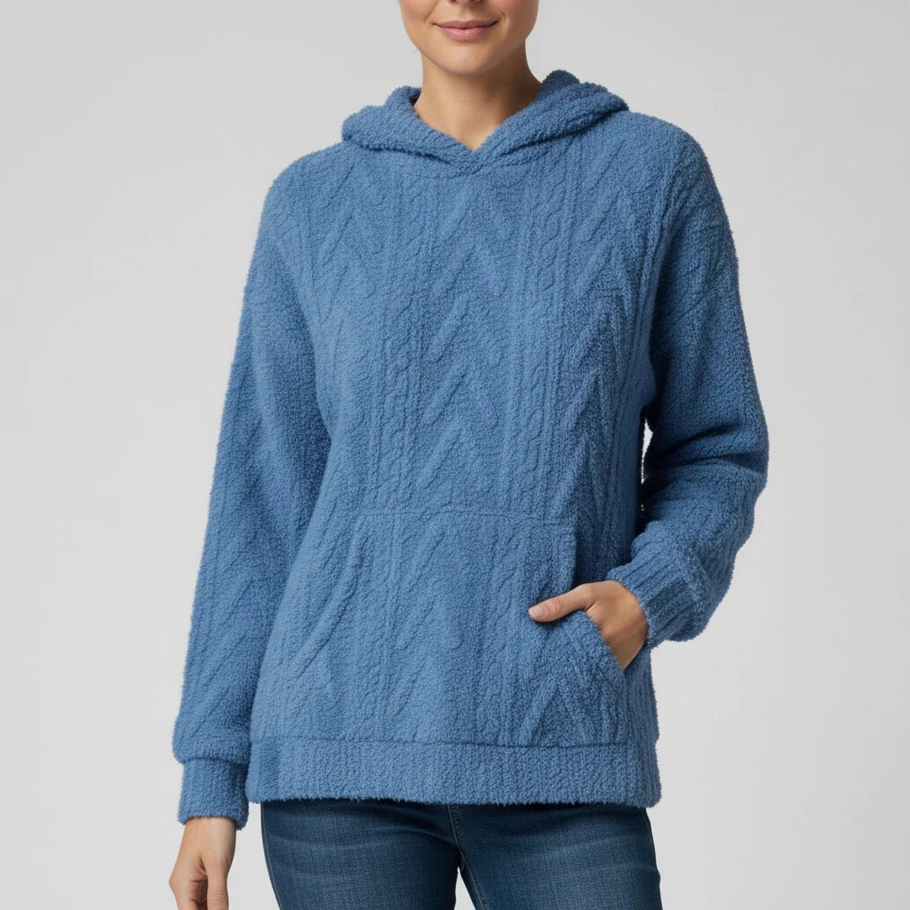 Women's relaxed fit hooded pullover sweater with kangaroo pocket and textured cozy design