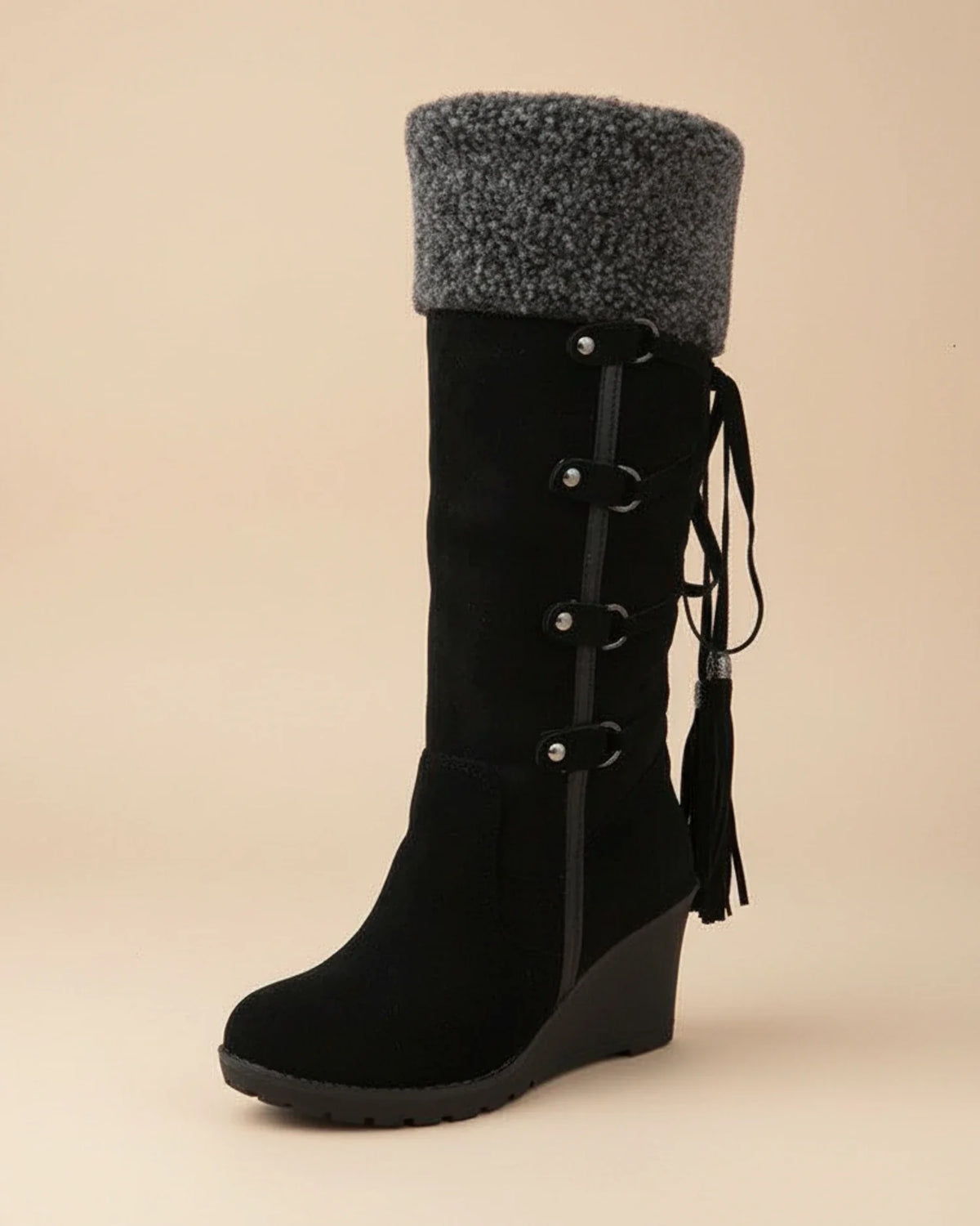 Women's knee-high winter wedge boots with faux fur trim, buckle and tassel accents, brown leather