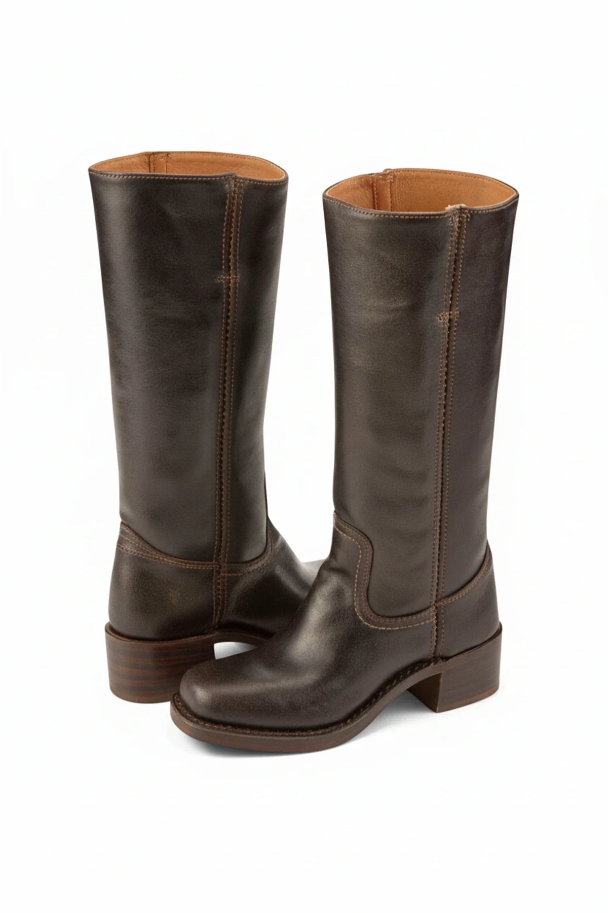 Women's black leather knee-high boots with sleek contemporary silhouette and refined polished finish