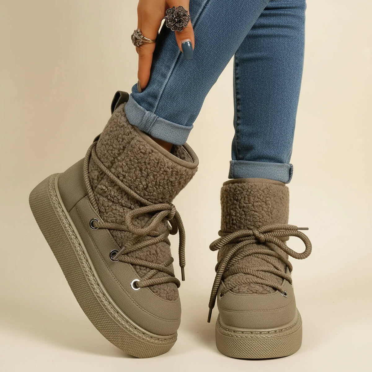 Women's black lace-up ankle winter boots with platform lug sole and round toe