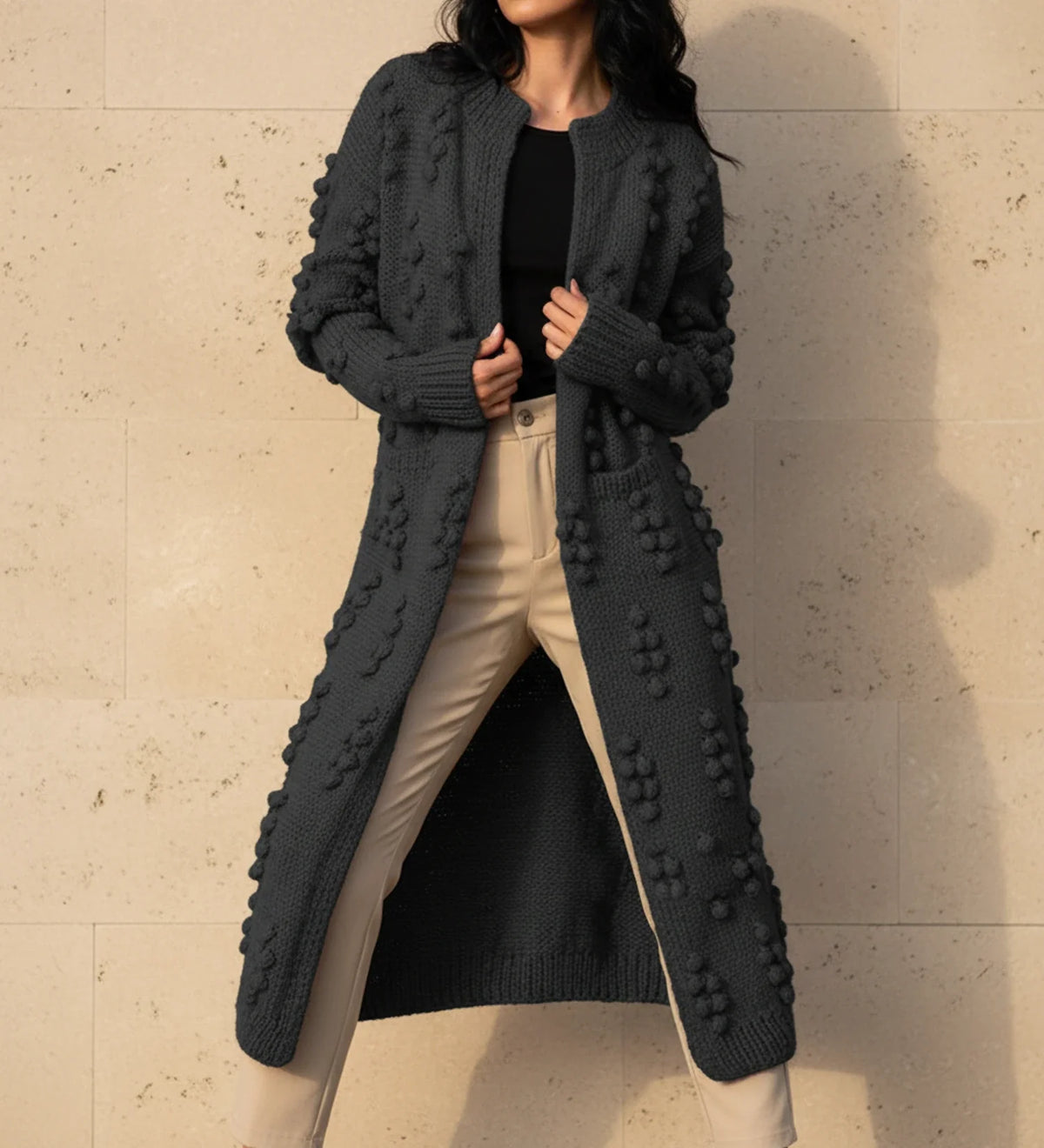 Women's longline popcorn textured cardigan open-front duster silhouette effortless layering style