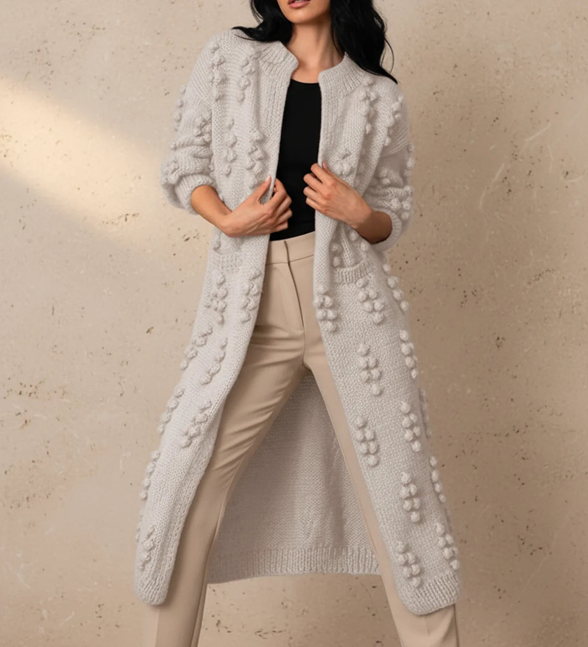 Women's longline popcorn textured cardigan open-front duster silhouette effortless layering style