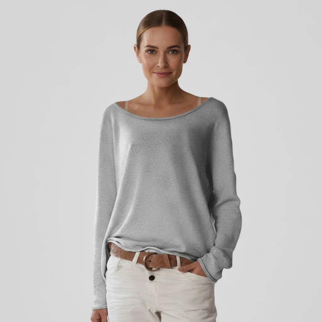 Women's relaxed-fit boat neck knit sweater with long sleeves, versatile layering essential for everyday