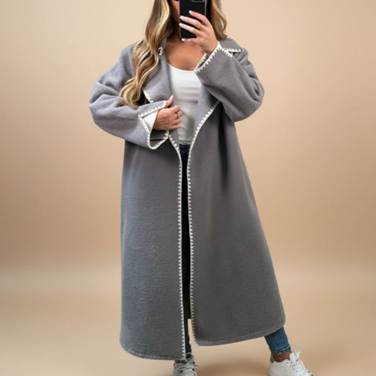 Women's longline duster coat open front relaxed fit with contrast trim detailing