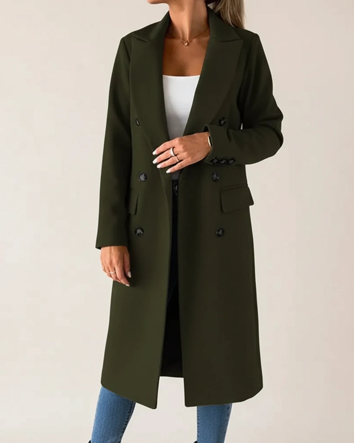 Women's pink double-breasted long trench coat with notch lapels for workwear layering